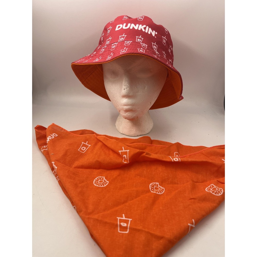 Dunkin Hat Bucket Fitted Orange Red Reversible Advertising Logo Mens Bandana